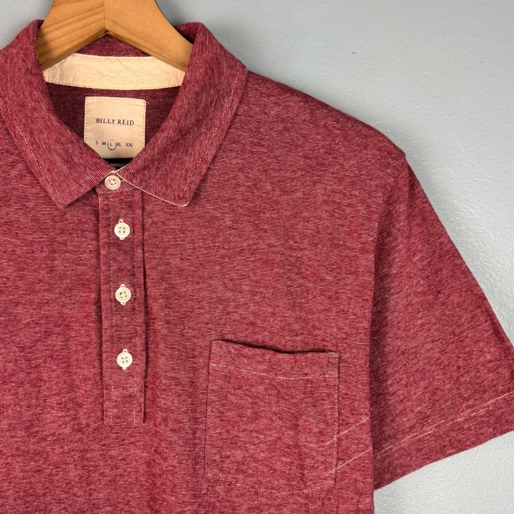 Billy Reid Mens Large Red Short Sleeve Pocket Polo Shirt Heathered Cotton Blend